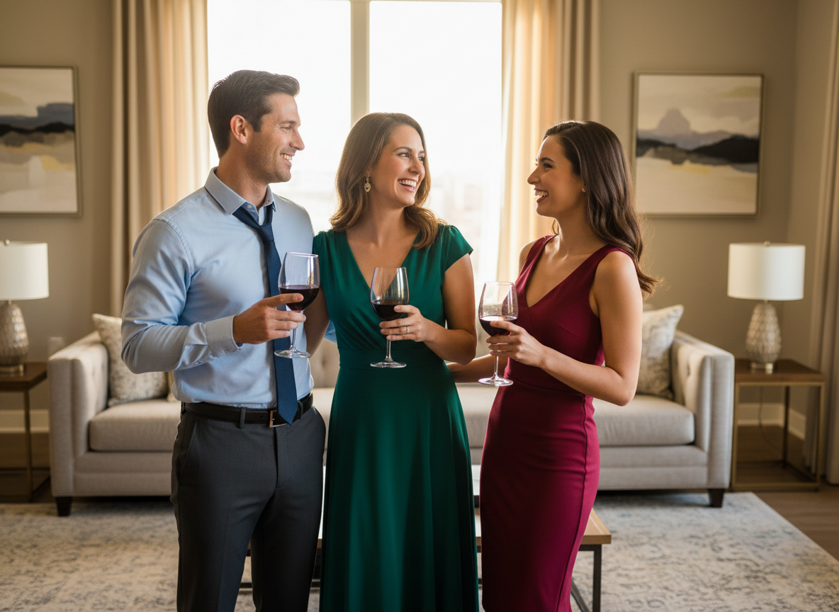 The couple share a glass of wine with their companion